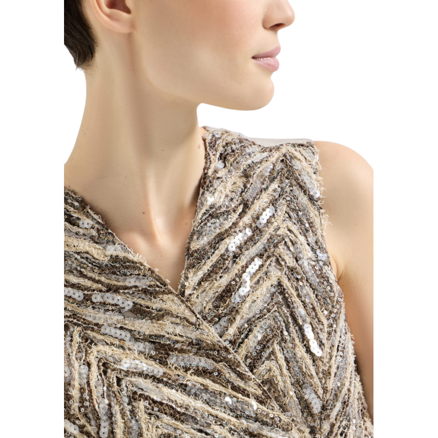 Gilet BRUNELLO CUCINELLI lin et soie beige marron broderie chevron brillant