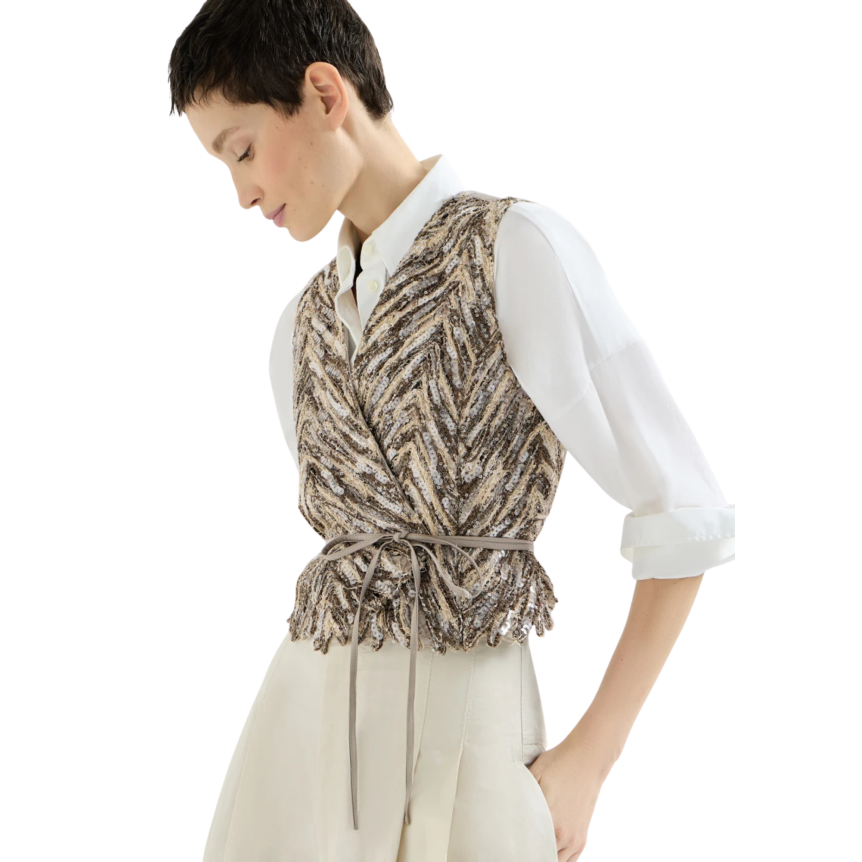 Gilet BRUNELLO CUCINELLI lin et soie beige marron broderie chevron brillant