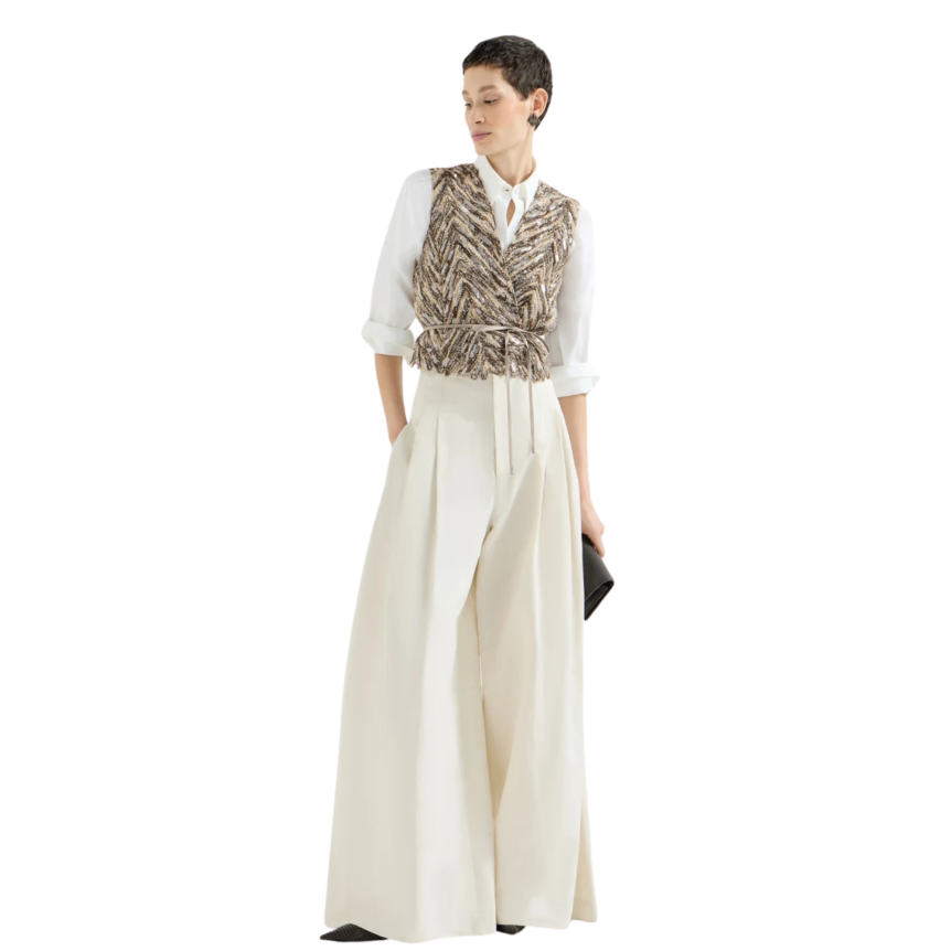 Gilet BRUNELLO CUCINELLI lin et soie beige marron broderie chevron brillant