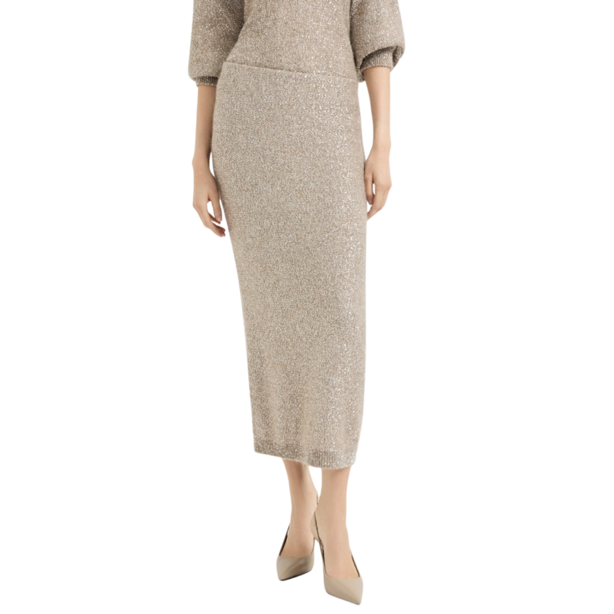 Jupe longue BRUNELLO CUCINELLI Dazzling Texture maille mohair et laine beige paillettes