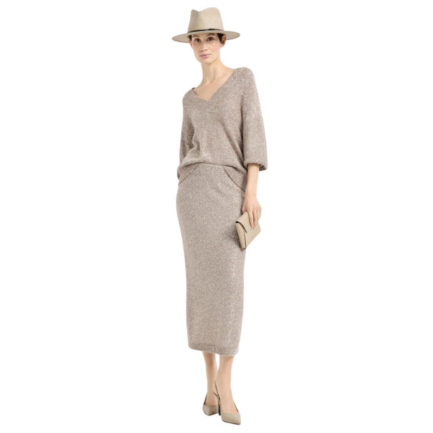 Jupe longue BRUNELLO CUCINELLI Dazzling Texture maille mohair et laine beige paillettes