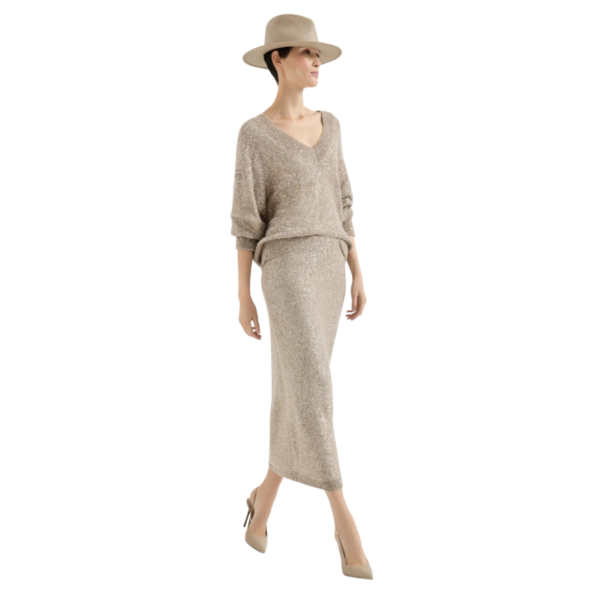 Jupe longue BRUNELLO CUCINELLI Dazzling Texture maille mohair et laine beige paillettes