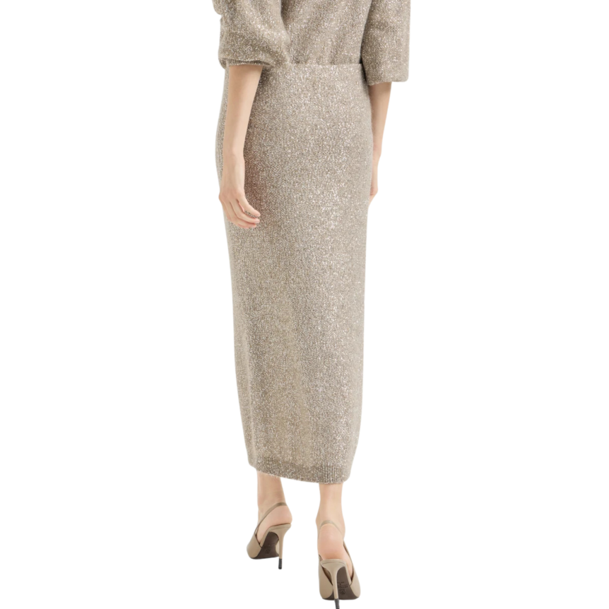 Jupe longue BRUNELLO CUCINELLI Dazzling Texture maille mohair et laine beige paillettes