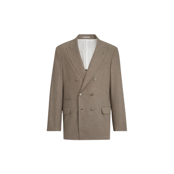 Veste à boutonnage BRUNELLO CUCINELLI demi croisé toile laine vierge coton et soie marron boutons métal