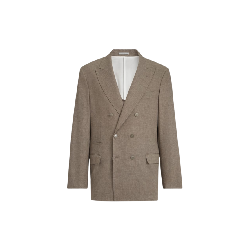 Veste à boutonnage BRUNELLO CUCINELLI demi croisé toile laine vierge coton et soie marron boutons métal