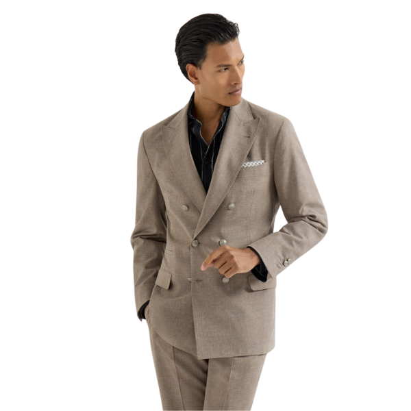Veste à boutonnage BRUNELLO CUCINELLI demi croisé toile laine vierge coton et soie marron boutons métal