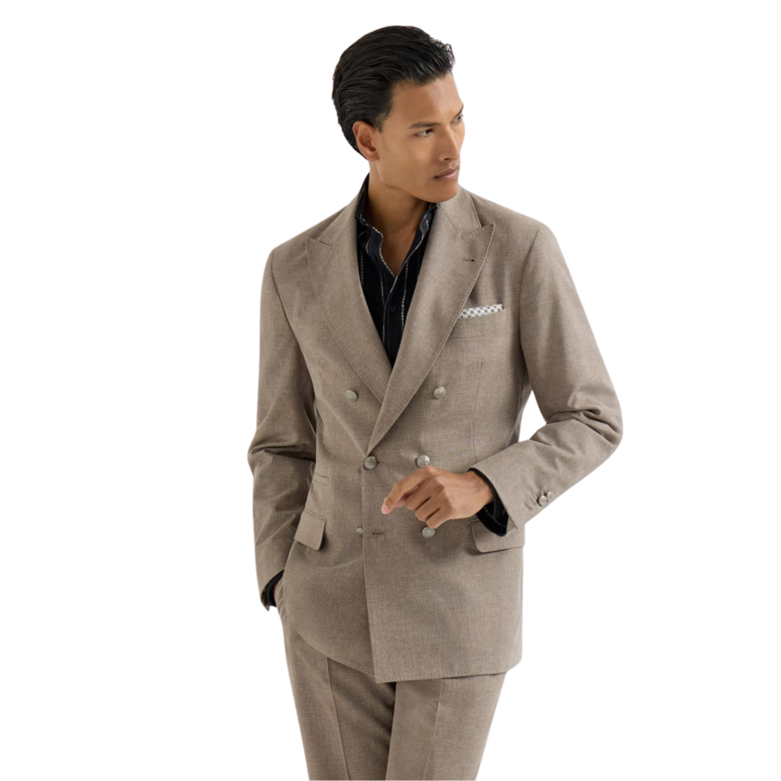 Veste à boutonnage BRUNELLO CUCINELLI demi croisé toile laine vierge coton et soie marron boutons métal