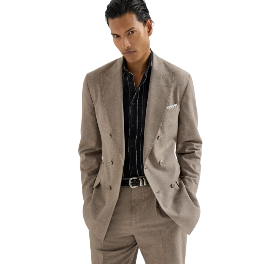 Veste à boutonnage BRUNELLO CUCINELLI demi croisé toile laine vierge coton et soie marron boutons métal