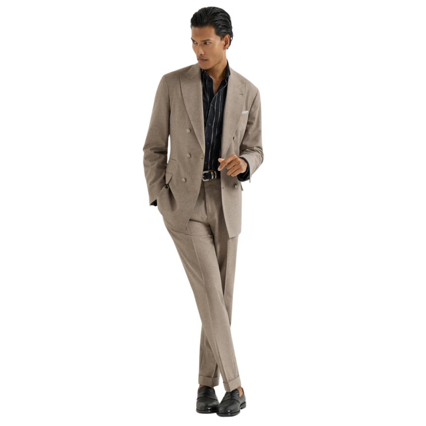 Veste à boutonnage BRUNELLO CUCINELLI demi croisé toile laine vierge coton et soie marron boutons métal