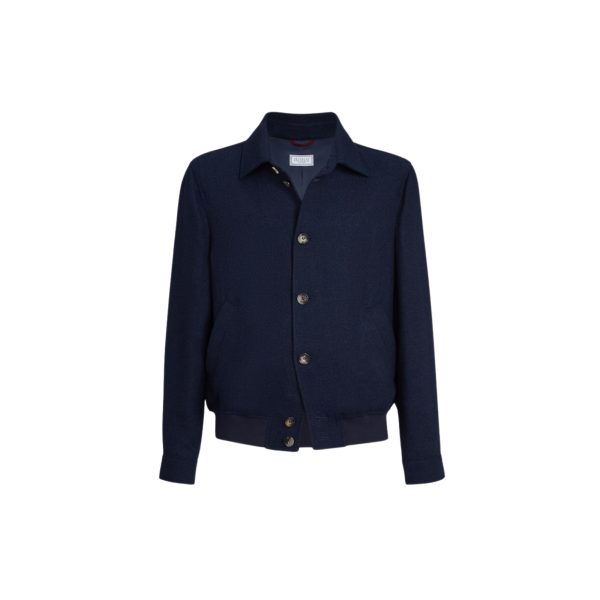 Blouson BRUNELLO CUCINELLI bomber à bouton hopsack soie, lin et laine bleu marine