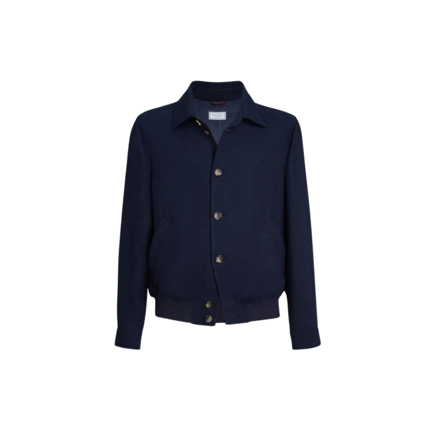 Blouson BRUNELLO CUCINELLI bomber à bouton hopsack soie, lin et laine bleu marine