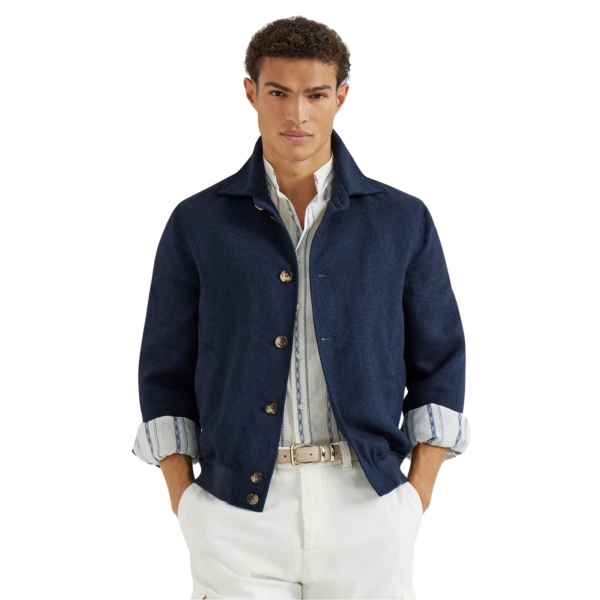 Blouson BRUNELLO CUCINELLI bomber à bouton hopsack soie, lin et laine bleu marine