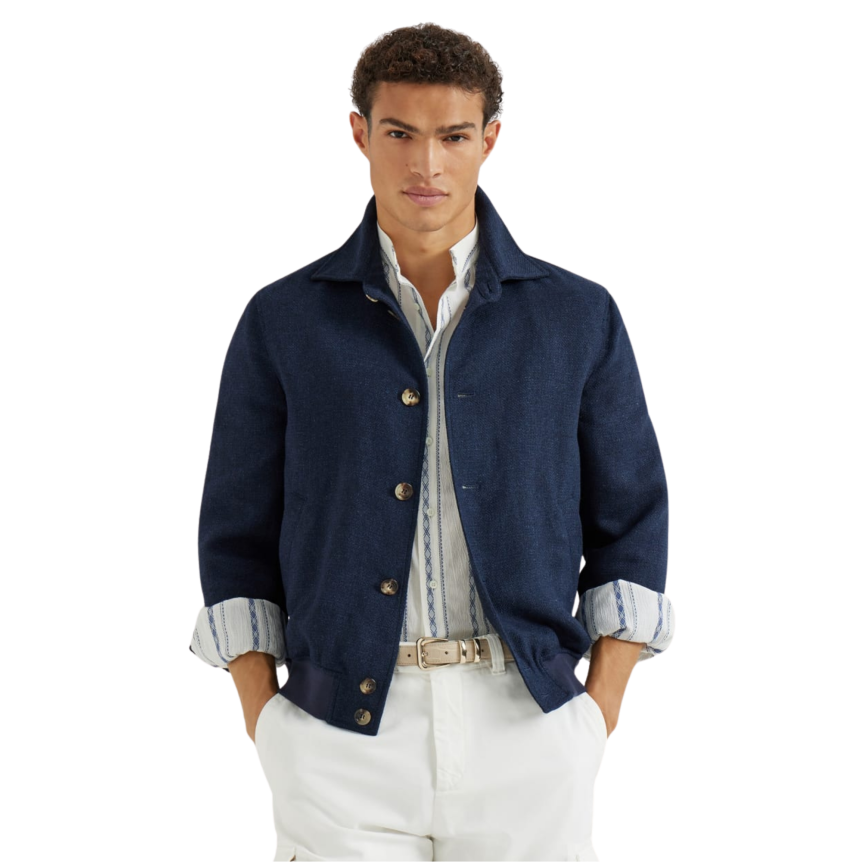 Blouson BRUNELLO CUCINELLI bomber à bouton hopsack soie, lin et laine bleu marine