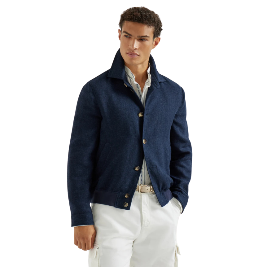 Blouson BRUNELLO CUCINELLI bomber à bouton hopsack soie, lin et laine bleu marine