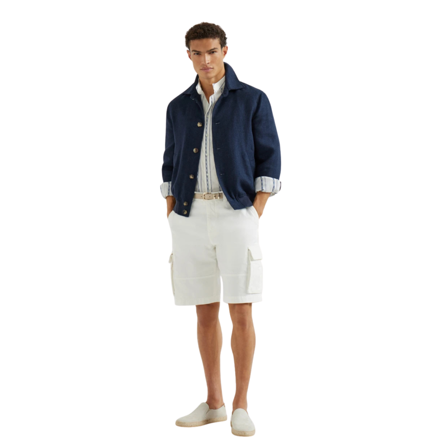 Blouson BRUNELLO CUCINELLI bomber à bouton hopsack soie, lin et laine bleu marine