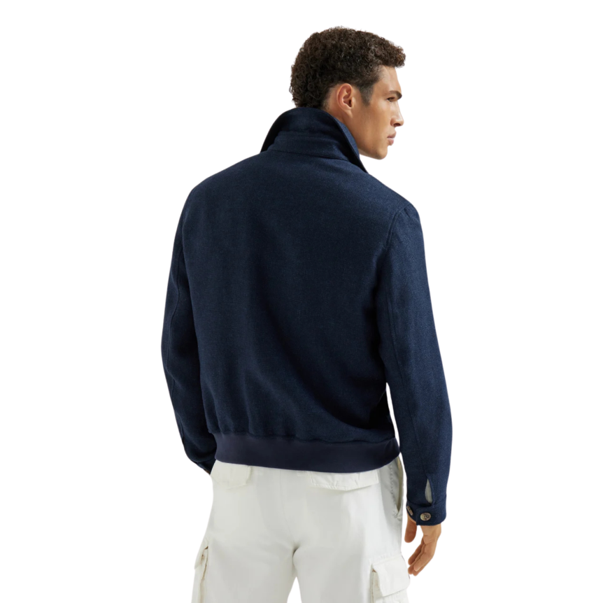 Blouson BRUNELLO CUCINELLI bomber à bouton hopsack soie, lin et laine bleu marine