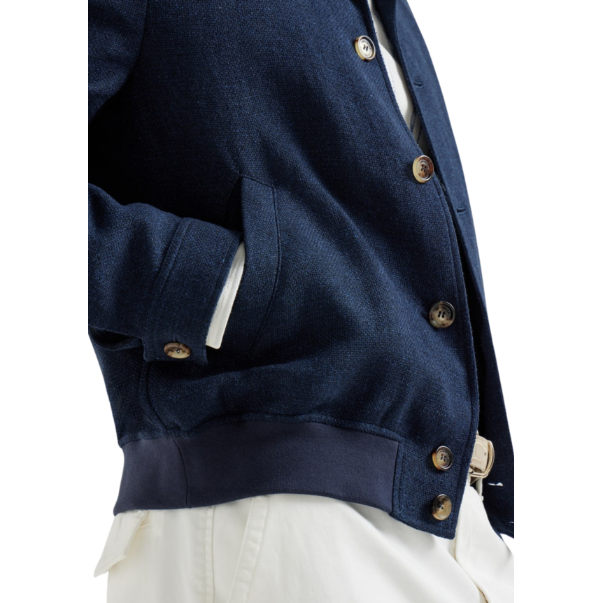 Blouson BRUNELLO CUCINELLI bomber à bouton hopsack soie, lin et laine bleu marine