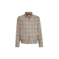 Blouson zippé à col droit tartan de laine soie et lin gris beige
