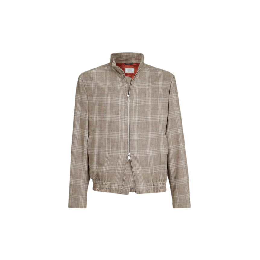 Blouson zippé à col droit BRUNELLO CUCINELLI tartan de laine soie et lin gris beige