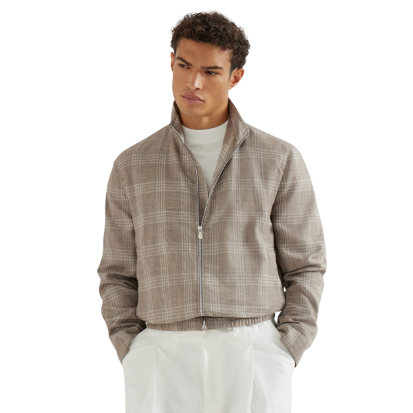 Blouson zippé à col droit BRUNELLO CUCINELLI tartan de laine soie et lin gris beige