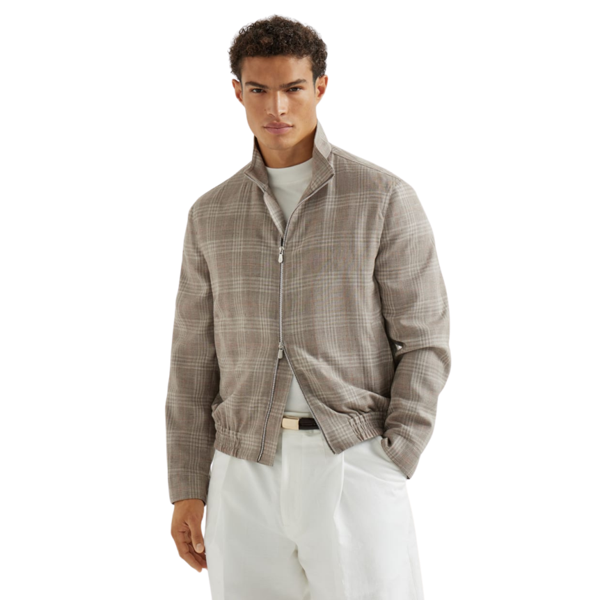 Blouson zippé à col droit BRUNELLO CUCINELLI tartan de laine soie et lin gris beige
