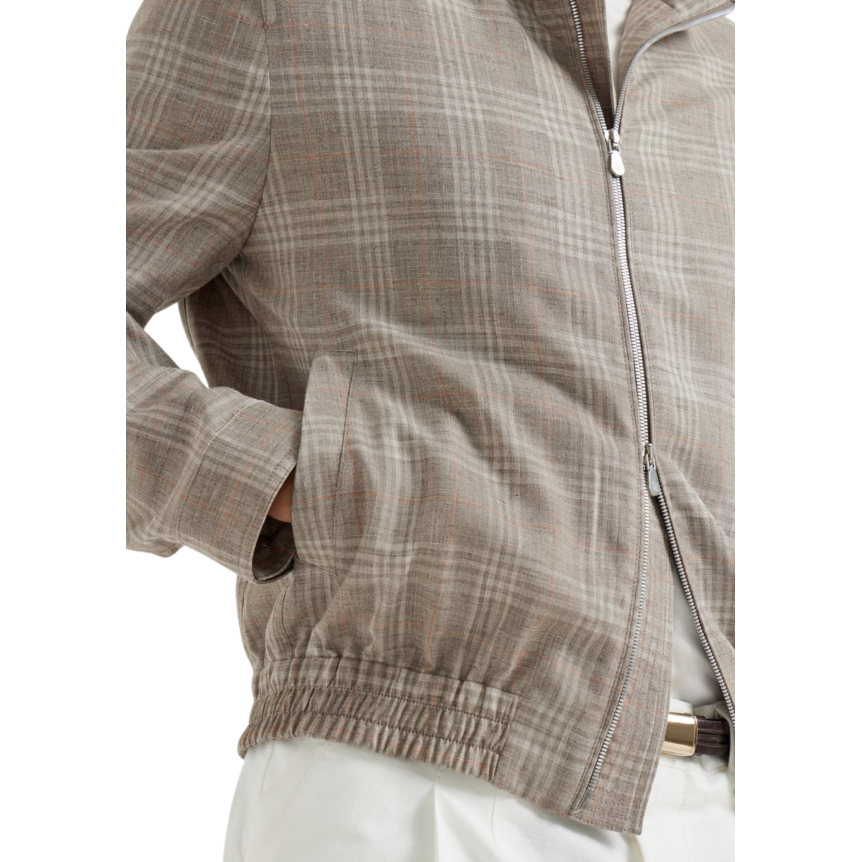 Blouson zippé à col droit BRUNELLO CUCINELLI tartan de laine soie et lin gris beige
