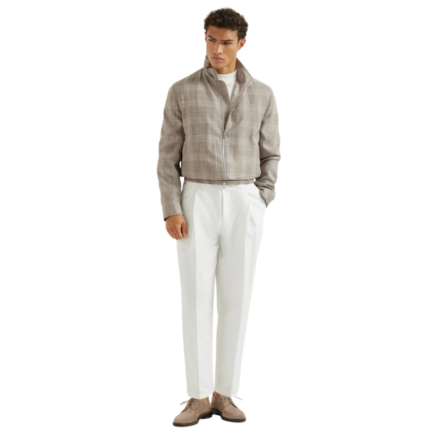 Blouson zippé à col droit BRUNELLO CUCINELLI tartan de laine soie et lin gris beige