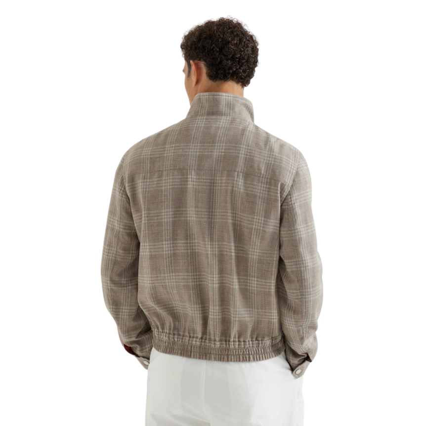 Blouson zippé à col droit BRUNELLO CUCINELLI tartan de laine soie et lin gris beige