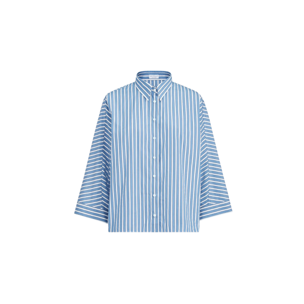 Chemise courte manche 3/4 popeline coton rayure blanc bleu