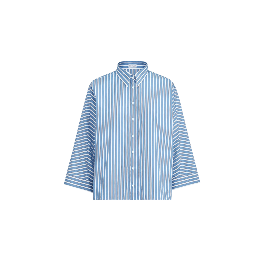 Chemise courte manche 3/4 popeline coton rayure blanc bleu