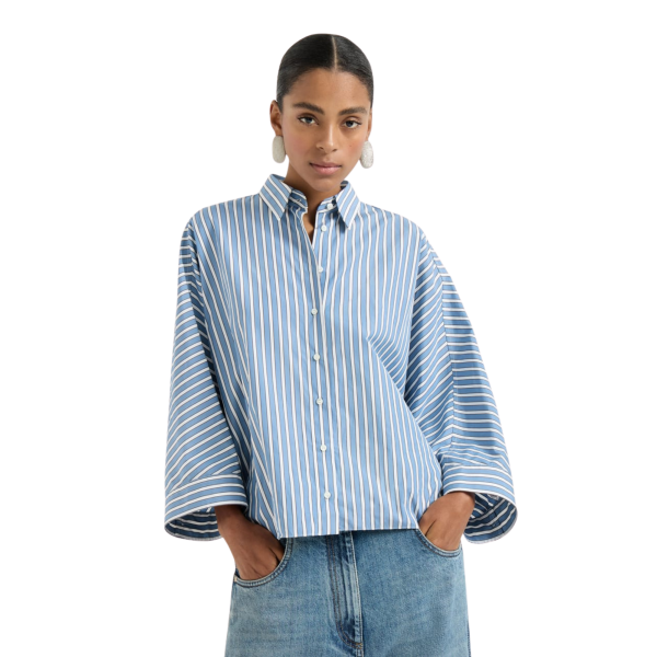 Chemise courte manche 3/4 popeline coton rayure blanc bleu