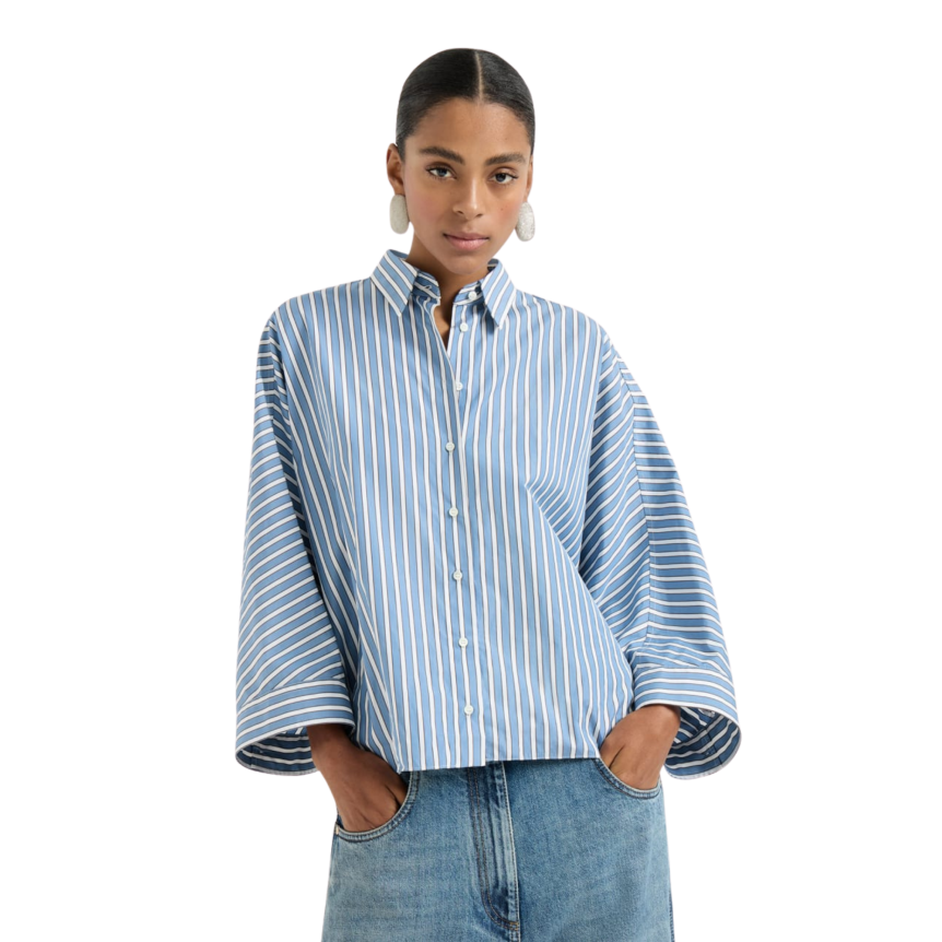 Chemise courte manche 3/4 popeline coton rayure blanc bleu