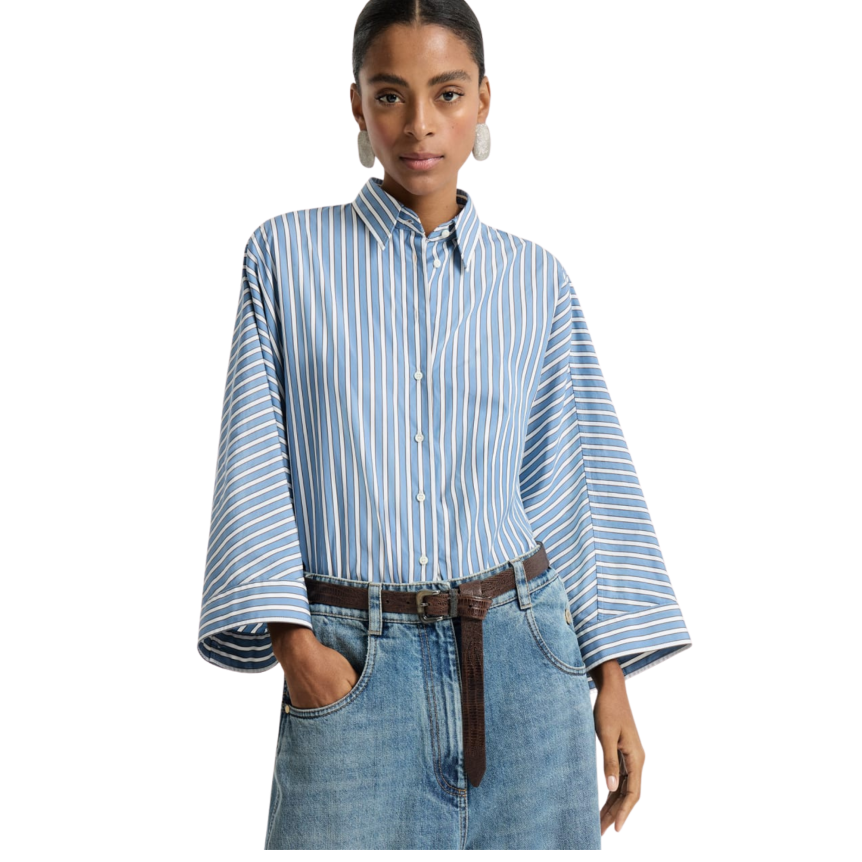 Chemise courte manche 3/4 popeline coton rayure blanc bleu