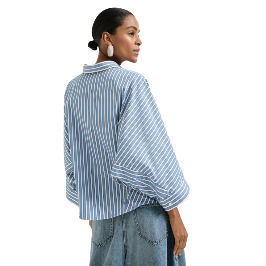 Chemise courte manche 3/4 popeline coton rayure blanc bleu