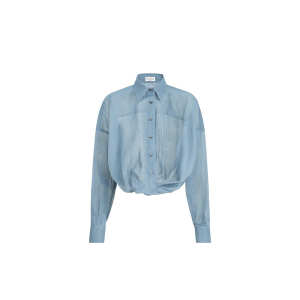 Chemise courte à nouer BRUNELLO CUCINELLI organza voile coton bleu gris