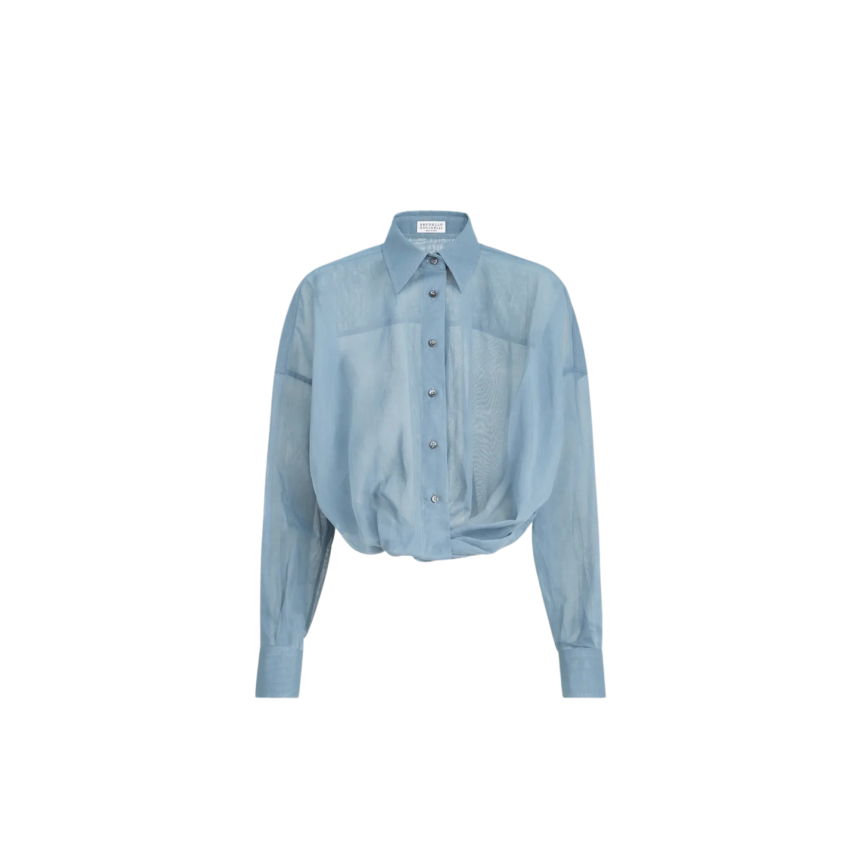 Chemise courte à nouer BRUNELLO CUCINELLI organza voile coton bleu gris