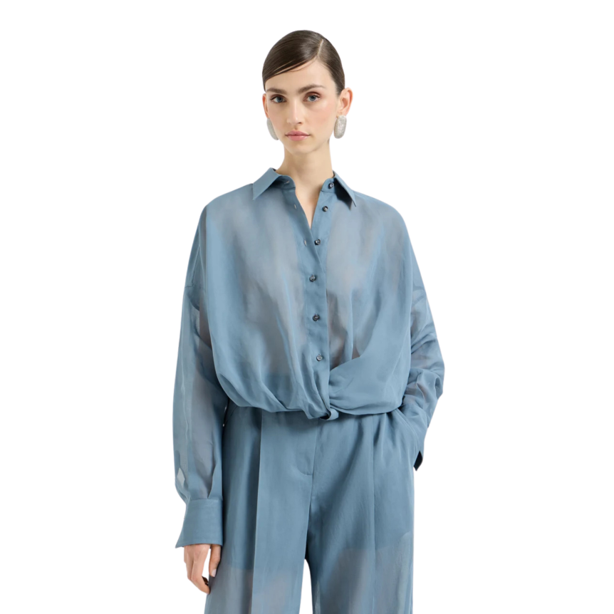 Chemise courte à nouer BRUNELLO CUCINELLI organza voile coton bleu gris