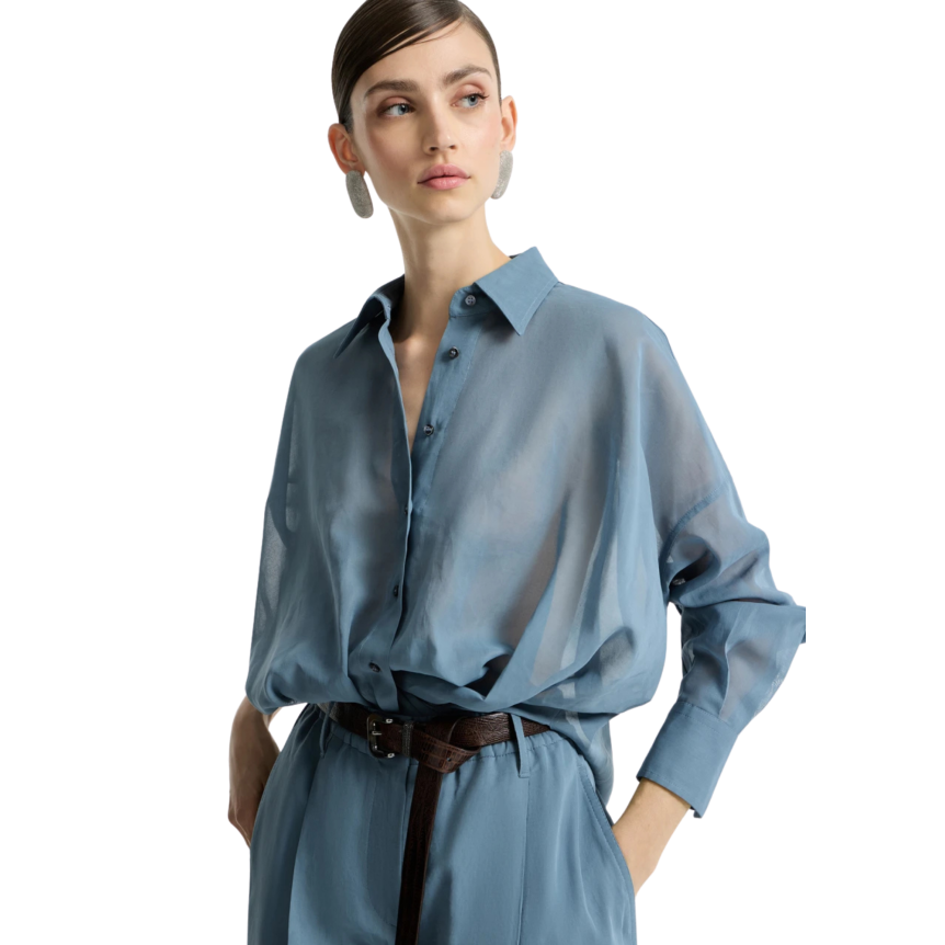 Chemise courte à nouer BRUNELLO CUCINELLI organza voile coton bleu gris