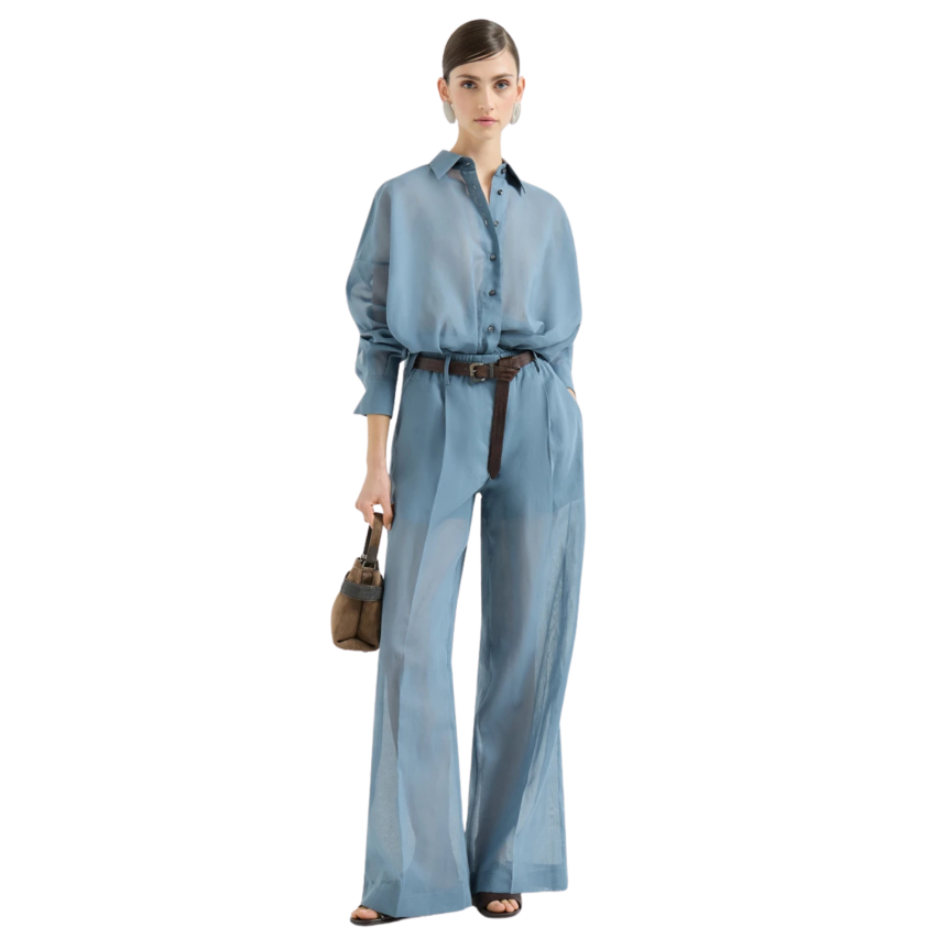 Chemise courte à nouer BRUNELLO CUCINELLI organza voile coton bleu gris