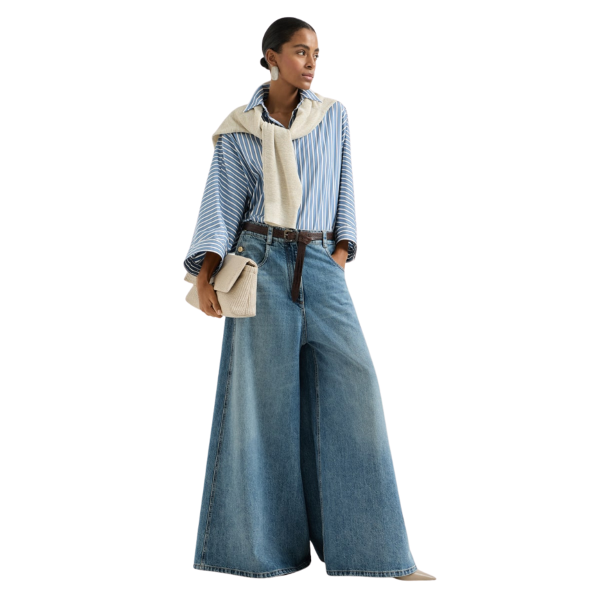 Chemise courte à nouer BRUNELLO CUCINELLI organza voile coton bleu gris