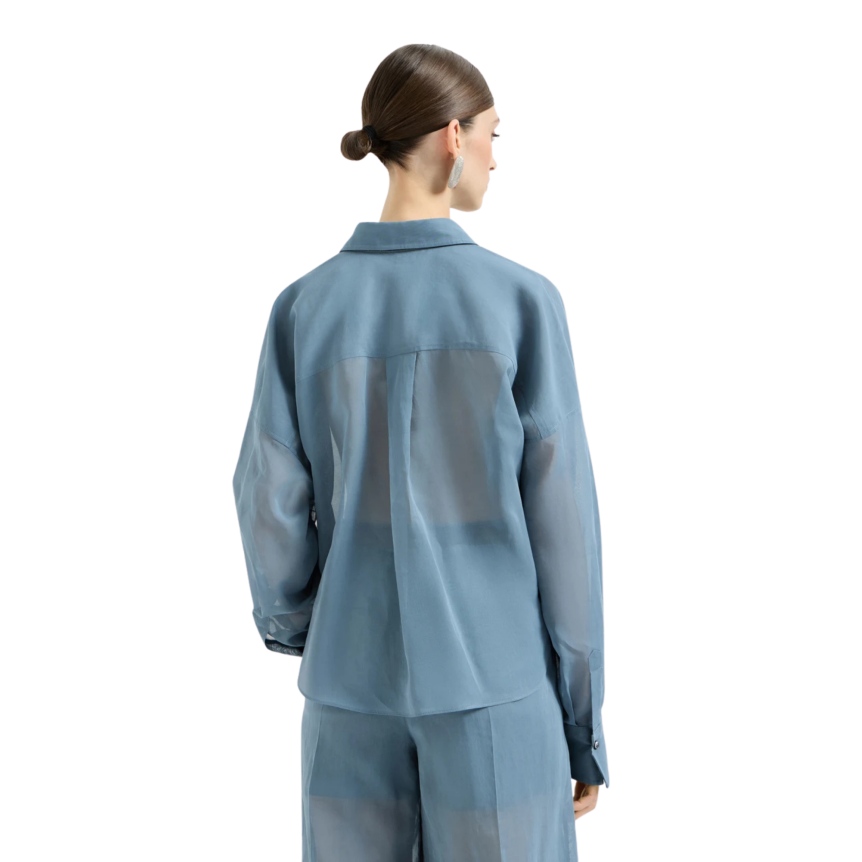 Chemise courte à nouer BRUNELLO CUCINELLI organza voile coton bleu gris