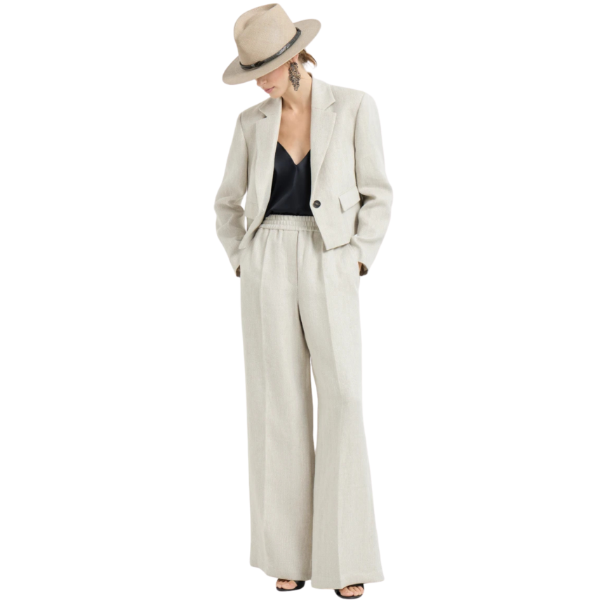 Pantalon BRUNELLO CUCINELLI Loose Track lin coton beige motif chevron