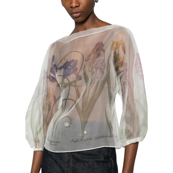 Blouse col rond ALBERTA FERRETTI organza soie transparente fleurs iris