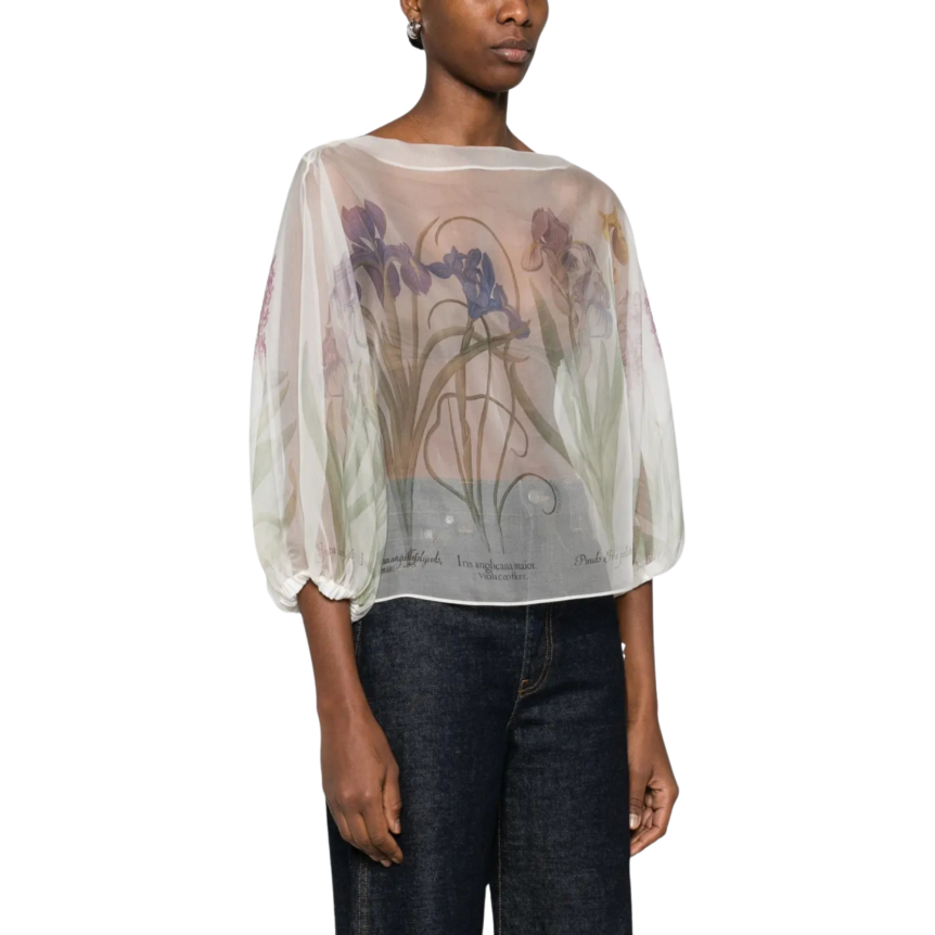 Blouse col rond ALBERTA FERRETTI organza soie transparente fleurs iris