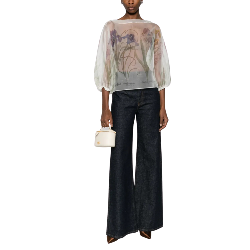 Blouse col rond ALBERTA FERRETTI organza soie transparente fleurs iris