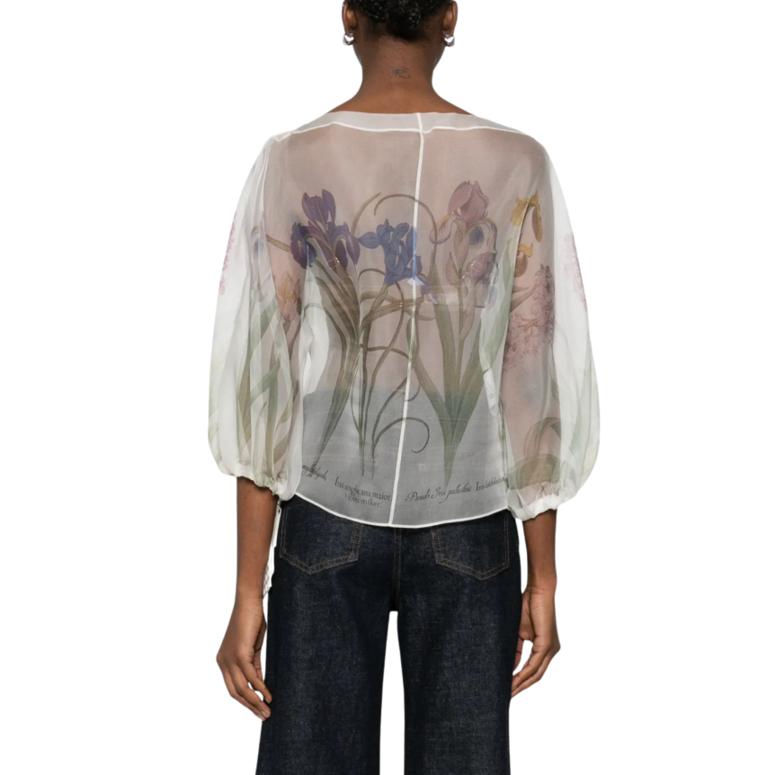 Blouse col rond ALBERTA FERRETTI organza soie transparente fleurs iris