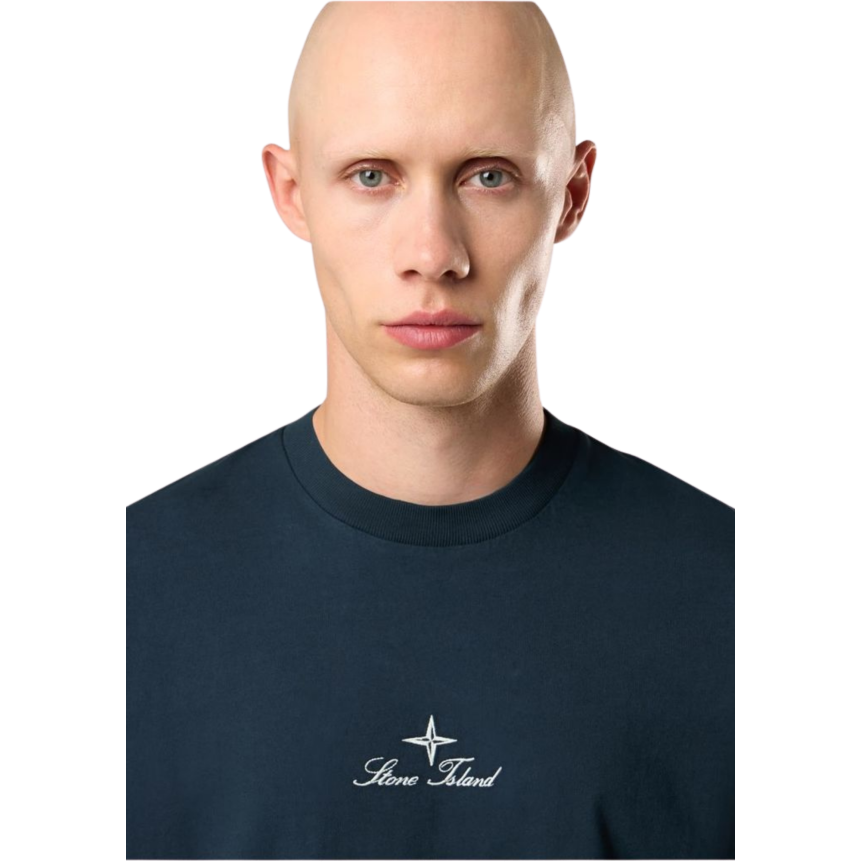 STONE ISLAND T-shirt col rond bleu nuit broderie « Multiaxial Sashiko »quadrillage dos