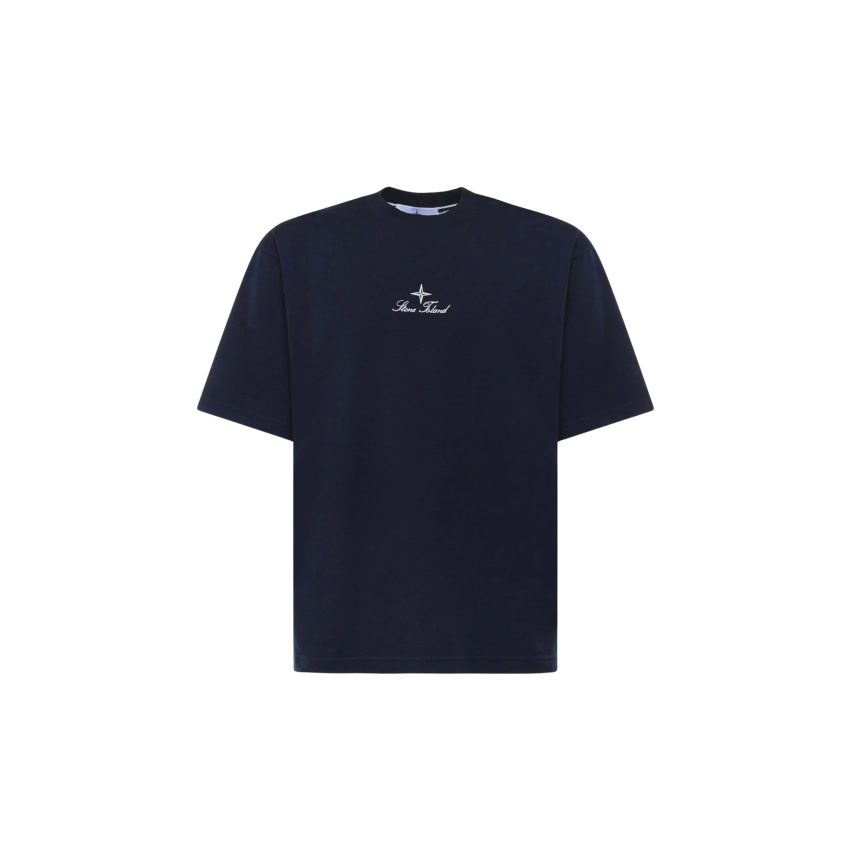 STONE ISLAND T-shirt col rond bleu nuit broderie « Multiaxial Sashiko »quadrillage dos