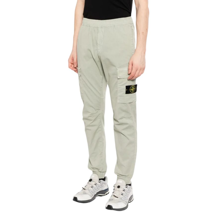 Pantalon cargo STONE ISLAND coton vert sauge cheville taille élastique