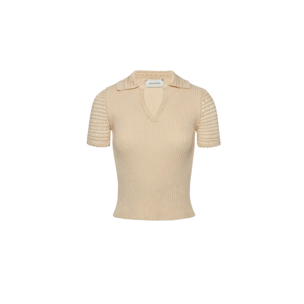 Pull manche courte MAGDA BUTRYM col V polo coton côtelé beige crochet